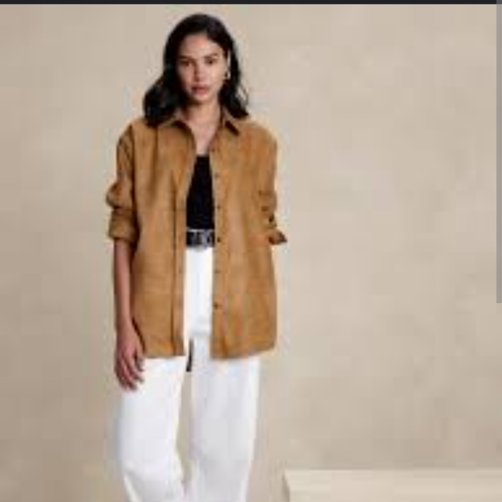 Banana Republic Camel Shirt Jacket Vegan Suede Xs Oversized Pockets